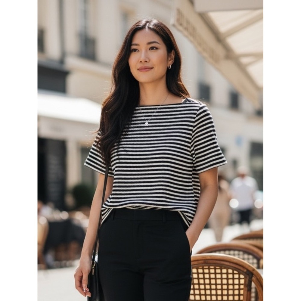 T by Alexander Wang Striped Leather Trim Boatneck Top Women's 6 Minimalist